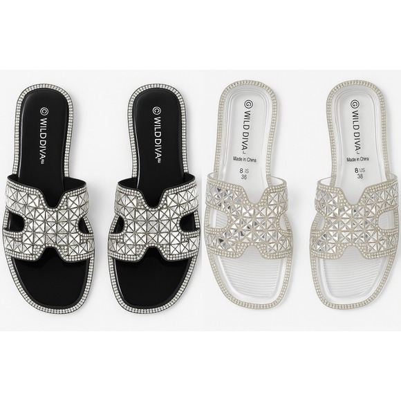 NEW 2x pairs 6 Clear Black Jelly Flat‎ Sandals Wedding Slides Rhinestone Silver - Picture 1 of 13